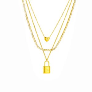 Triple Layer Lock & Heart Tennis Necklace Set
