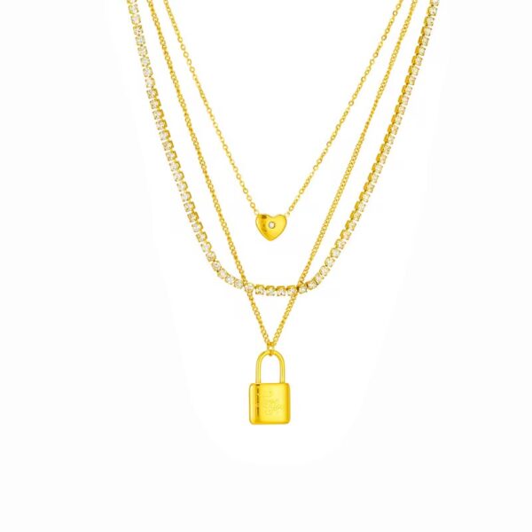 Triple Layer Lock & Heart Tennis Necklace Set