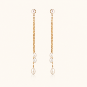 Gold Pearl Stud Triple Chain Tassel Drop Earrings