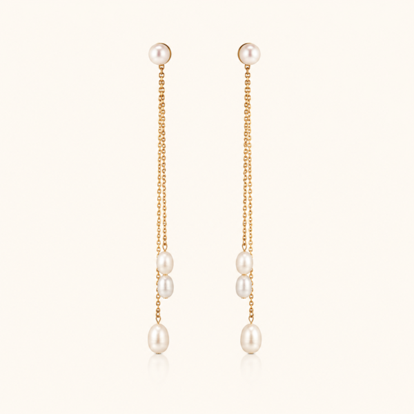 Gold Pearl Stud Triple Chain Tassel Drop Earrings