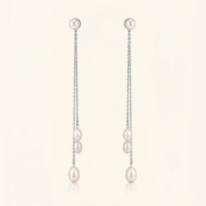 Silver Pearl Stud Triple Chain Tassel Drop Earrings