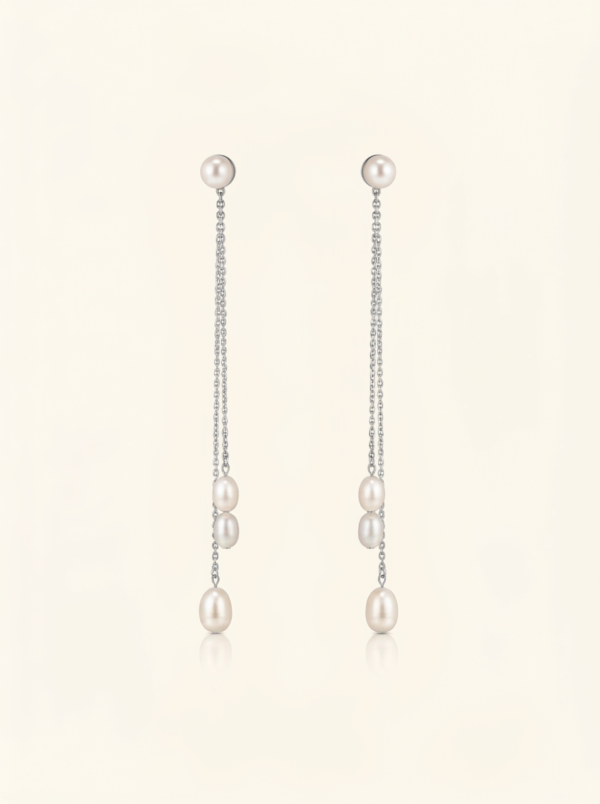 Silver Pearl Stud Triple Chain Tassel Drop Earrings